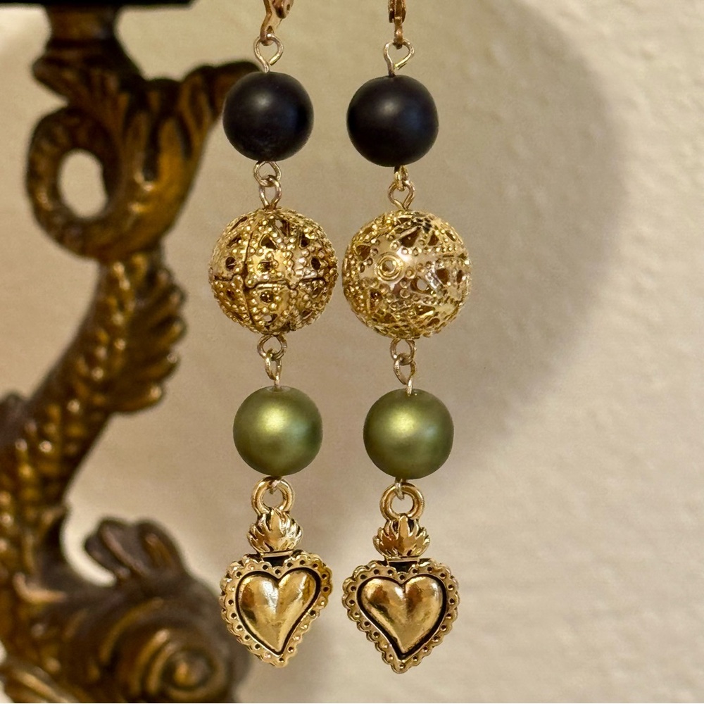 Olive Green, Black, and Sparkling Gold Filigree Spheres Drop Dangle Earrings